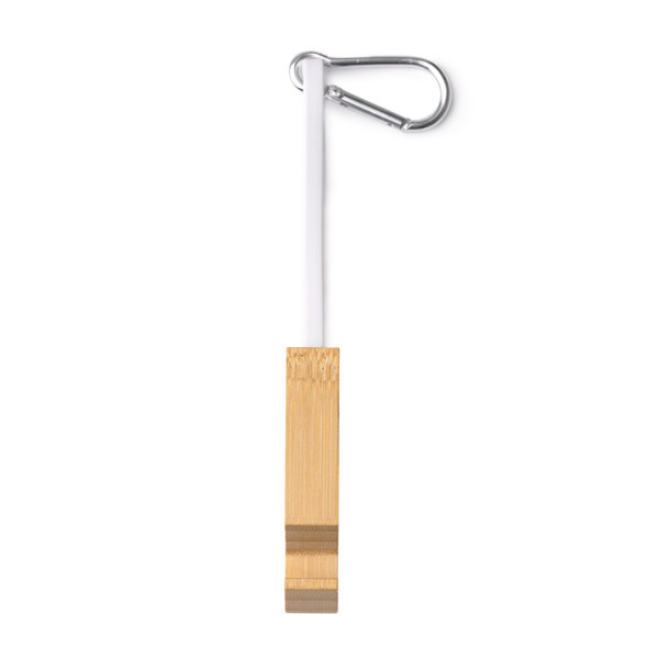 4-in-1 personalised charging cable with bamboo smartphone stand and carabiner