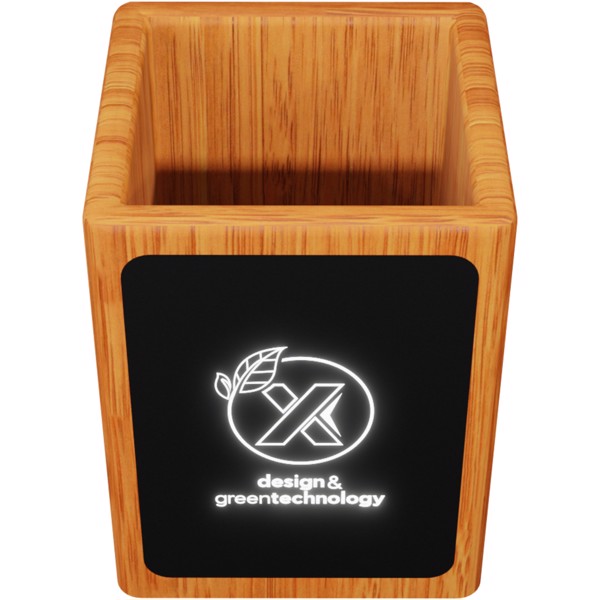SCX.design O12 wooden light-up logo pencil holder with dual USB output
