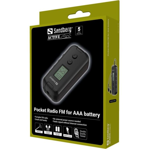 Sandberg pocket FM radio, AAA battery powered, display