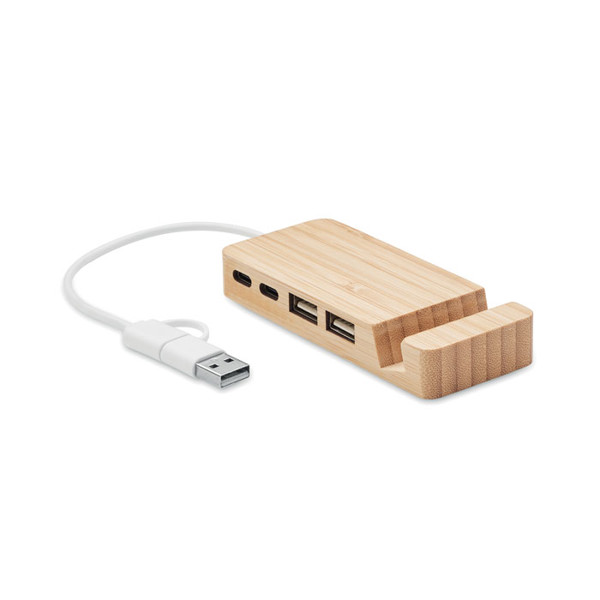 Hubstand bamboo USB hub, 4 ports, Type-C/Type-A