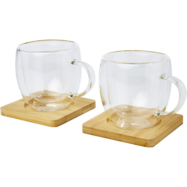 Tasse Manti 2 pièces en verre à double paroi de 250 ml avec sous-verre en bambou