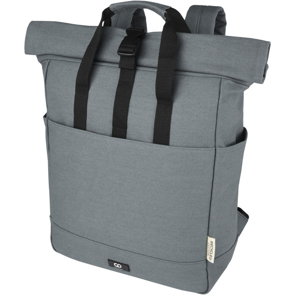 Mochila para portátil GRS com topo de lona de enrolar reciclada de 15 pol. de 15 L "Joey" - Cinzento