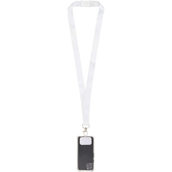 Lanyard con stampa a sublimazione, supporto per telefono e meccanismo di sicurezza Addie - Bianco / Bianco / 25mm