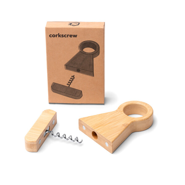 Personalised bamboo corkscrew with bottle holder