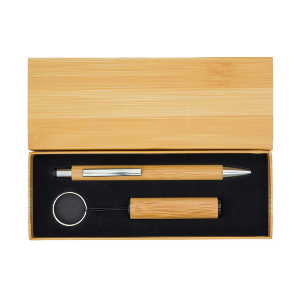 Pelak bamboo pen and torch keychain in a gift box