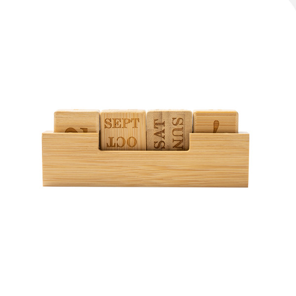 Personalised perpetual desk calendar in bamboo with four engraved blocks