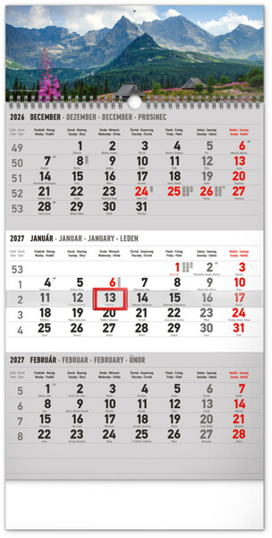 Notique Nástenný Kalendár 3-Mesačný Krajina Sivý – So Slovenskými Menami 2027, 29,5 x 43 cm