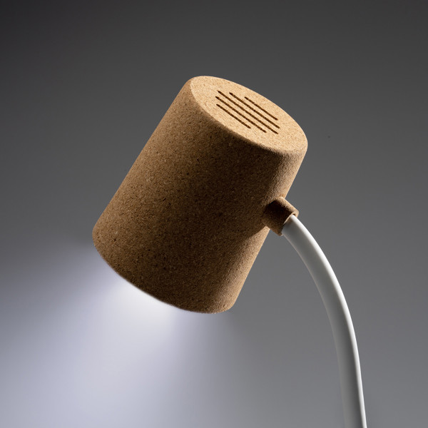 Lámpara personalizada de ABS y corcho con altavoz Bluetooth y cargador inalámbrico 10W