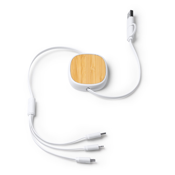 Personalised 5-in-1 extendable charging cable in recycled ABS and bamboo 96 cm