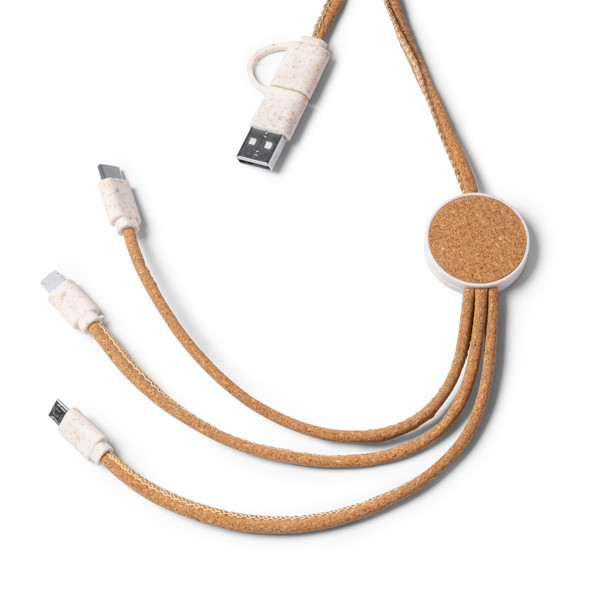 Cable cargador 5 en 1 personalizado de corcho y fibra de trigo 125 cm con conectores Tipo C, Micro USB y Lightning