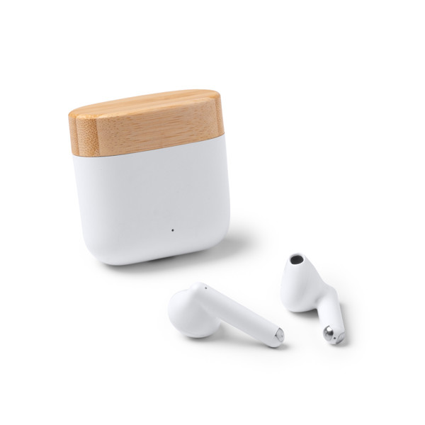Custom wireless earbuds Bluetooth 5.3 with recycled material and bamboo charging case