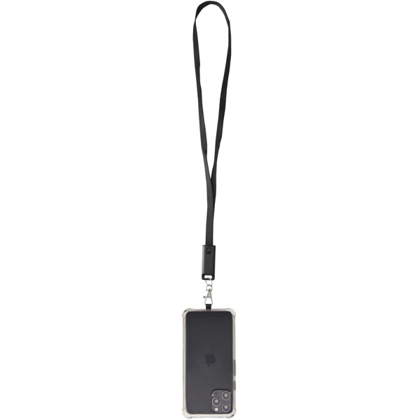 Tour de cou pour smartphone Franz en plastique recyclé avec synchronisation des données intégrée et câble 5 en 1 pour charge rapide de 65 W - Noir