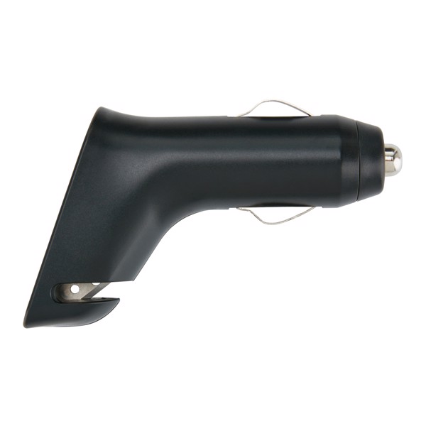 Dual port car charger with belt cutter and hammer - Black / Silver