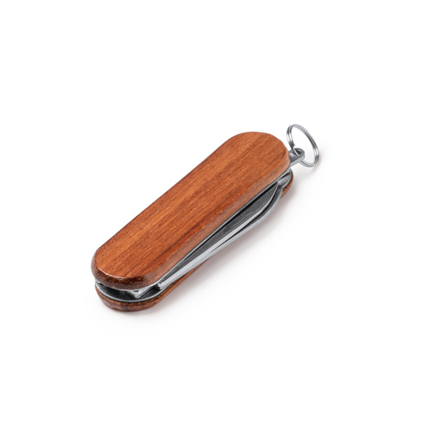 Navaja multiusos personalizada de acero inoxidable con empuñadura de madera