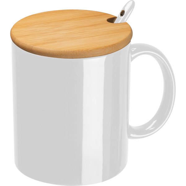 Ceramic mug with spoon and bamboo lid LOTHAR - White