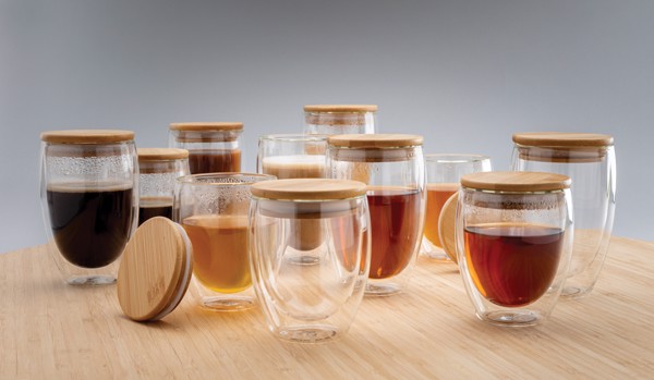 Set de 2 verres double paroi 250ml avec couvercle en bambou