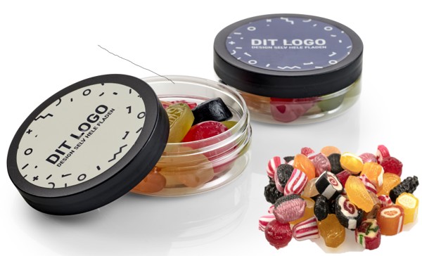 Rund bøtte med egen logolabel i 1-4 farver, small - Rabarber bolsje mix / Styk