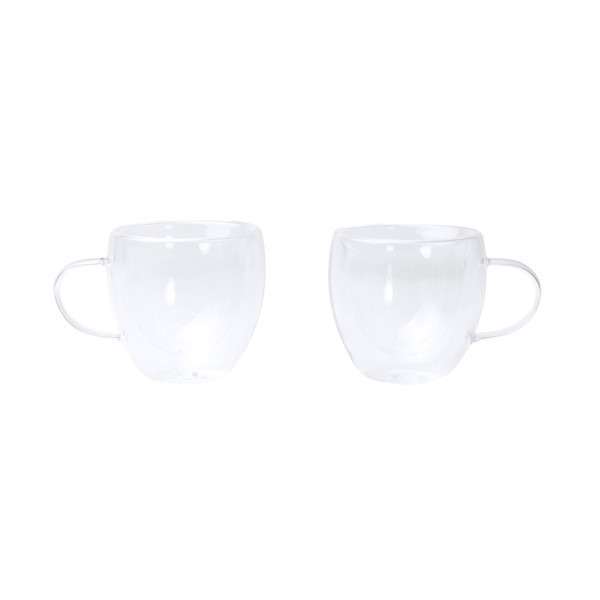 Personalized double-wall glass coffee cup set 90 ml with bamboo coasters