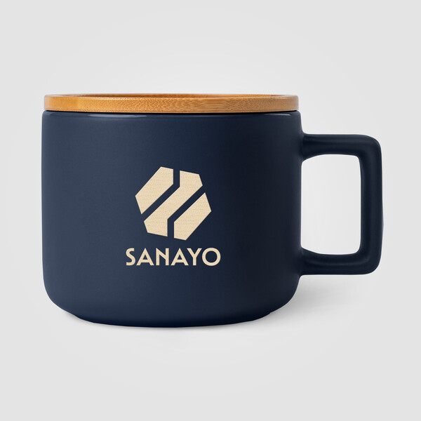 Mug Café Virtuoso en céramique avec couvercle en bambou – 355 mL - Ceram-X - Bleu marine / Laser