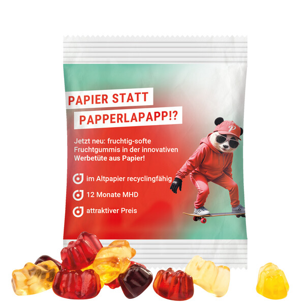 Mini bag 10g, recyclable PaperPlus Pro white, Trolli fruit juice jelly bears, 30 % fruit juice