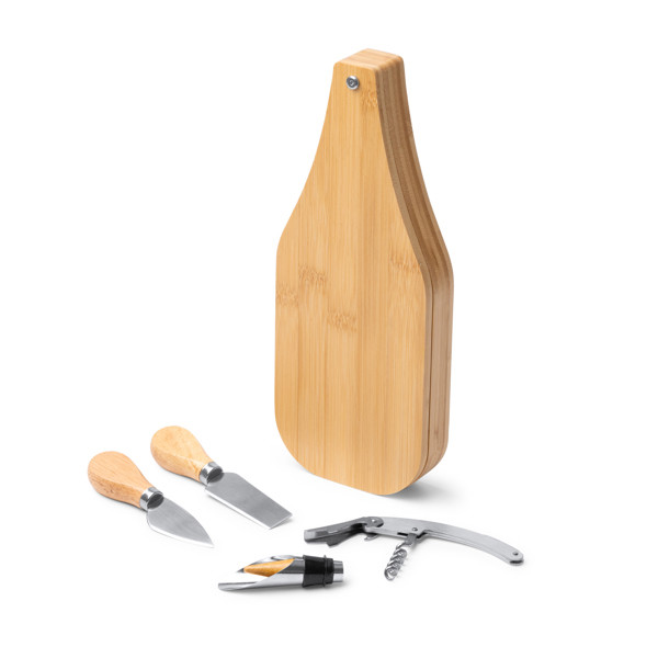 Set de queso y vino personalizado de acero inoxidable y bambú con estuche de madera