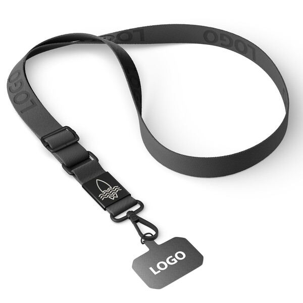 Woven adjustable crossbody phone holder with logo engraved metal plate - Black