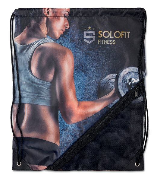 Full colour recycled PET drawstring bag with zipper and mesh pocket - Full colour