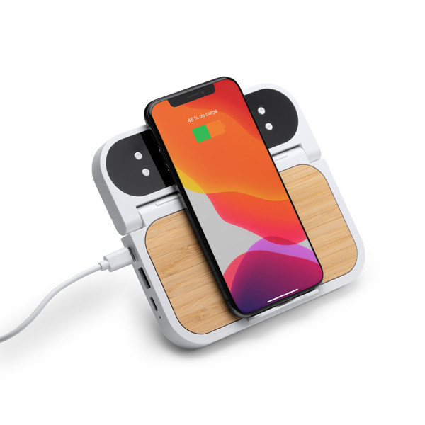 Cargador inalámbrico personalizado de ABS y bambú 10W con reloj y alarma