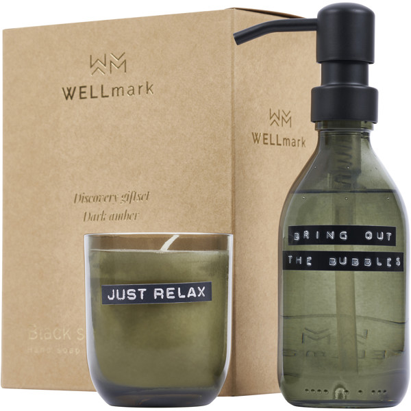 WELLmark Discovery 200 ml håndsæbedispenser og 150 g duftlys sæt – mørk harpiksduft