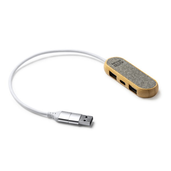 Hub USB personalizado de bambú y RPET con 2 puertos USB-A y 1 puerto USB-C