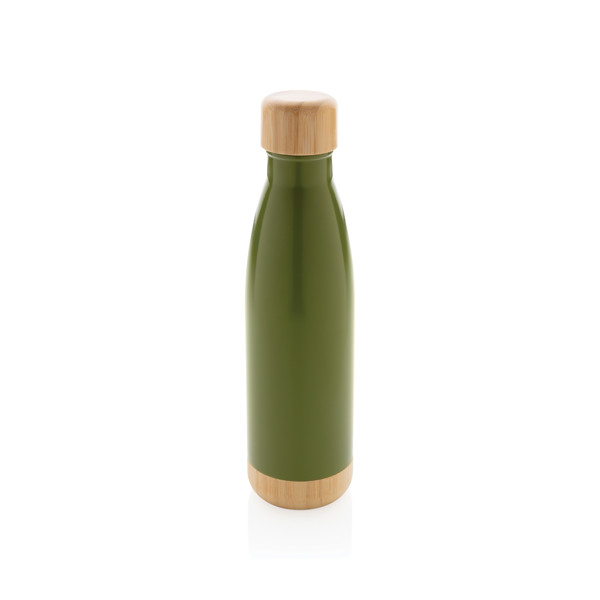 Vacuum stainless steel bottle with bamboo lid and bottom - Green