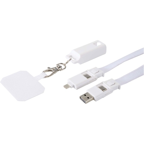 Tour de cou pour smartphone Franz en plastique recyclé avec synchronisation des données intégrée et câble 5 en 1 pour charge rapide de 65 W - Blanc