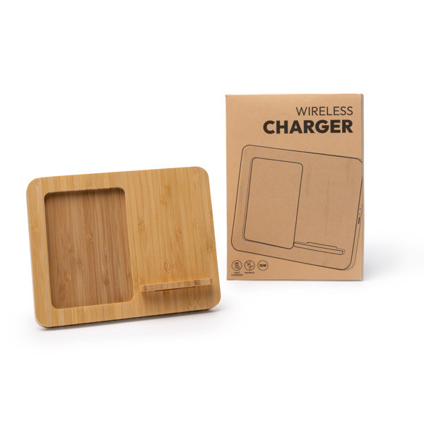 Cargador inalámbrico personalizado de bambú con marco para fotos 10x15 cm
