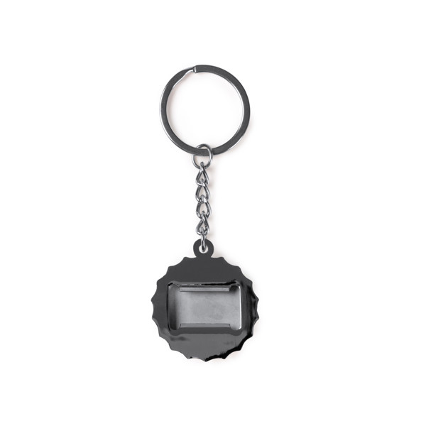 Personalised metal and bamboo bottle opener keyring with chrome finish