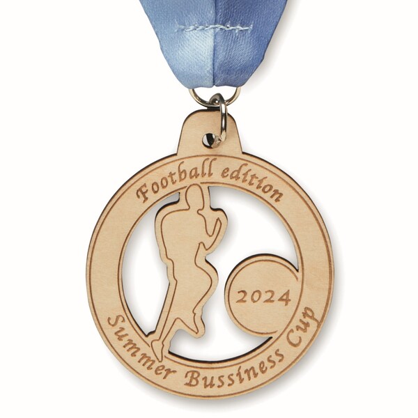 Custom shape wooden medal. V stitched. - 25mm width