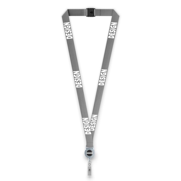 lanyard a bobina per badge in poliestere sublimato - Colore pieno / Grigio medio / 20mm Larghezza / Stacco di sicurezza