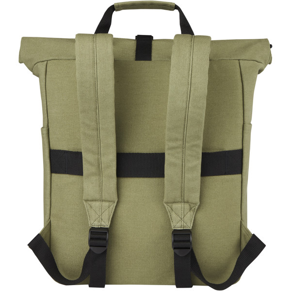Sac à dos pour ordinateur portable Joey de 15 L en toile recyclée GRS 15 pouces avec dessus enroulable - Olive