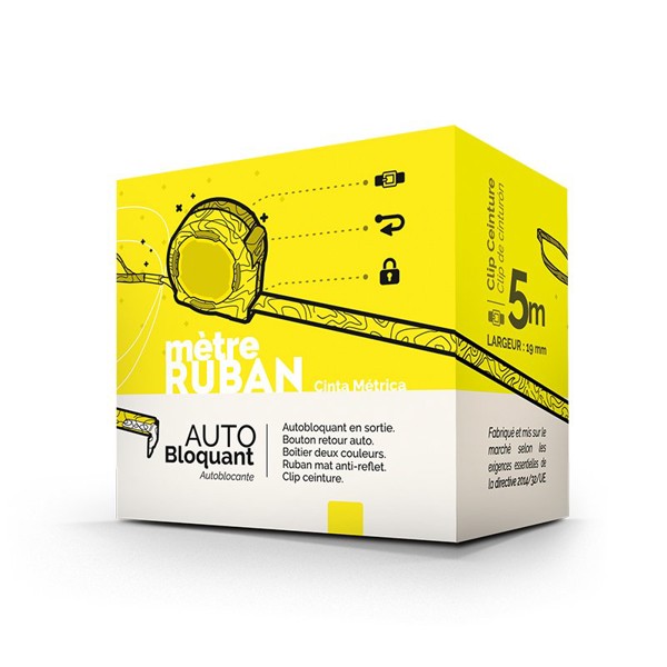 MESURE : METRE RUBAN JAUNE 5 m X 19 mm COQUE PLASTIQUE - Jaune