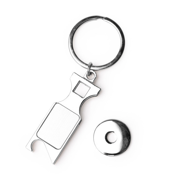 Personalised metal keyring with trolley coin and bottle opener