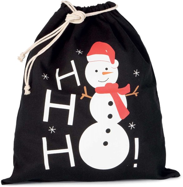 Cotton Bag With Snowman Design And Drawcord Closure - Black