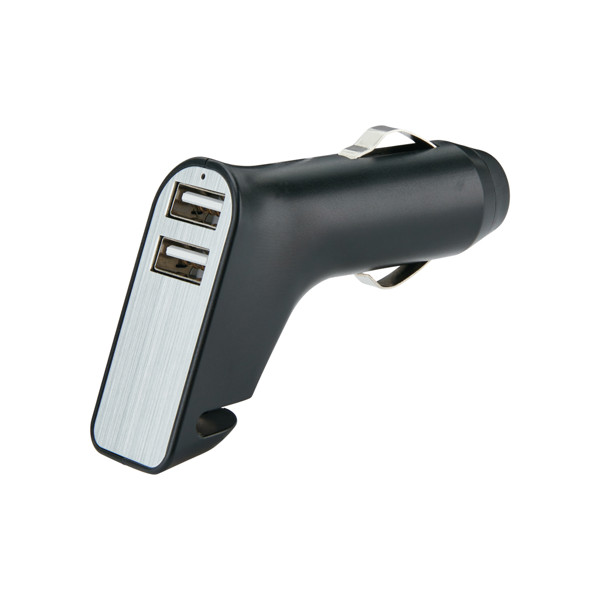 Dual port car charger with belt cutter and hammer - Black / Silver