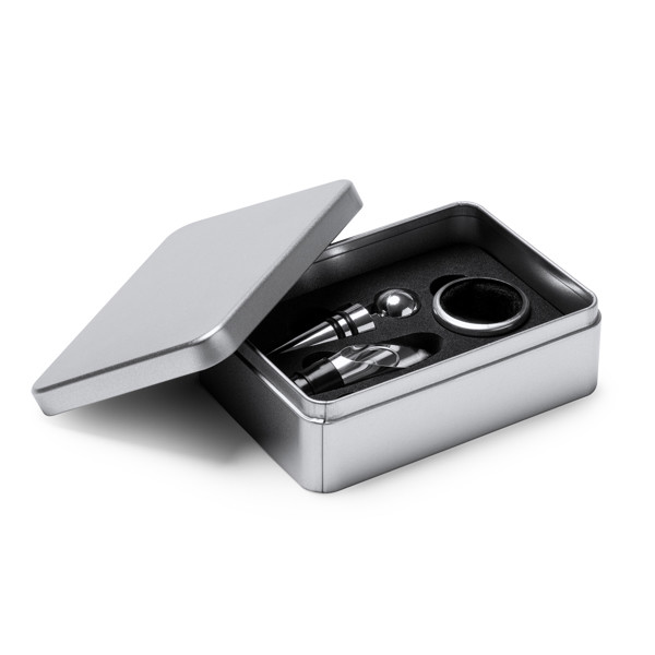 Set de vino personalizado de acero inoxidable con sacacorchos, recogegotas, tapón y dosificador