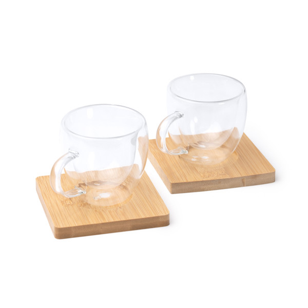 Personalized double-wall glass coffee cup set 90 ml with bamboo coasters
