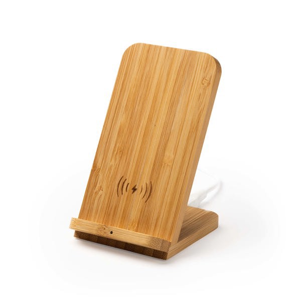 Cargador inalámbrico personalizado de bambú 5W con soporte para smartphone