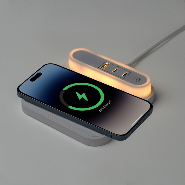 Cargador inalámbrico personalizado 15W con lámpara LED y puertos USB-C y USB-A