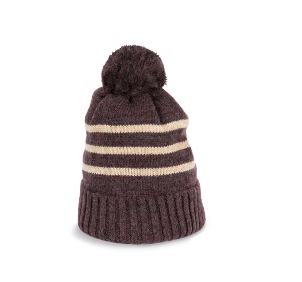 Knitted Striped Beanie In Recycled Yarn - Light Sand Heather / Light Grey Heather