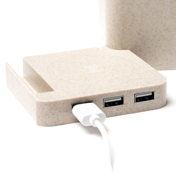 Portalápices cargador inalámbrico personalizado de fibra de trigo con base USB y soporte para smartphone