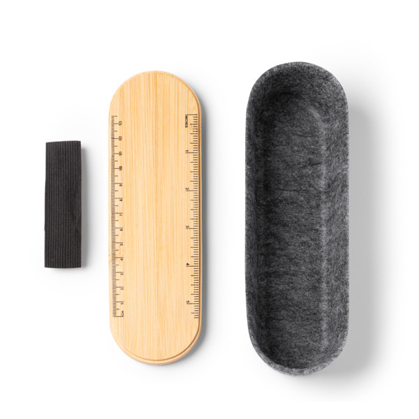 Personalised pencil case in bamboo and recycled felt with ruler lid and smartphone stand