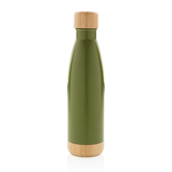 Vacuum stainless steel bottle with bamboo lid and bottom - Green