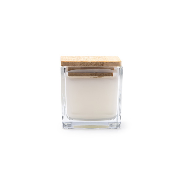 Vela aromática personalizada de cristal con tapa de bambú y aroma a vainilla
